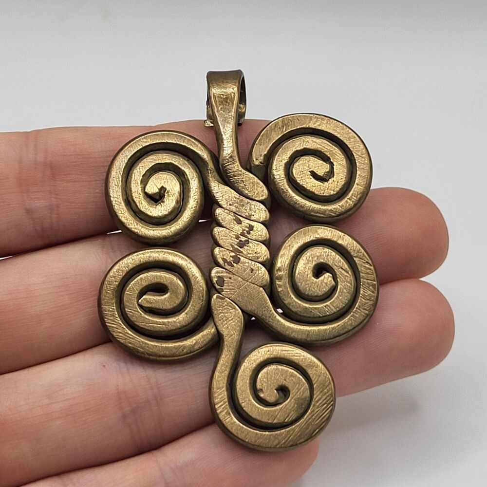 Vintage Ethiopian Brass Pendant Handmade Tribal Spiral Ornament Charm 2.5in